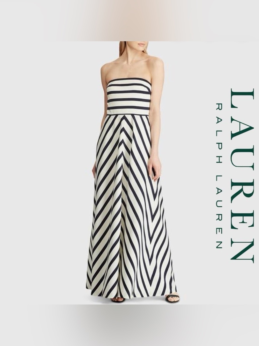 Lauren Ralph Lauren Strapless Navy and White Chevron Formal Dress with Pockets